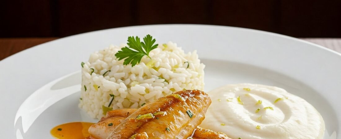Lubina a la Bilbaína con Arroz al Limón y Puré Parmentier con Tartufata