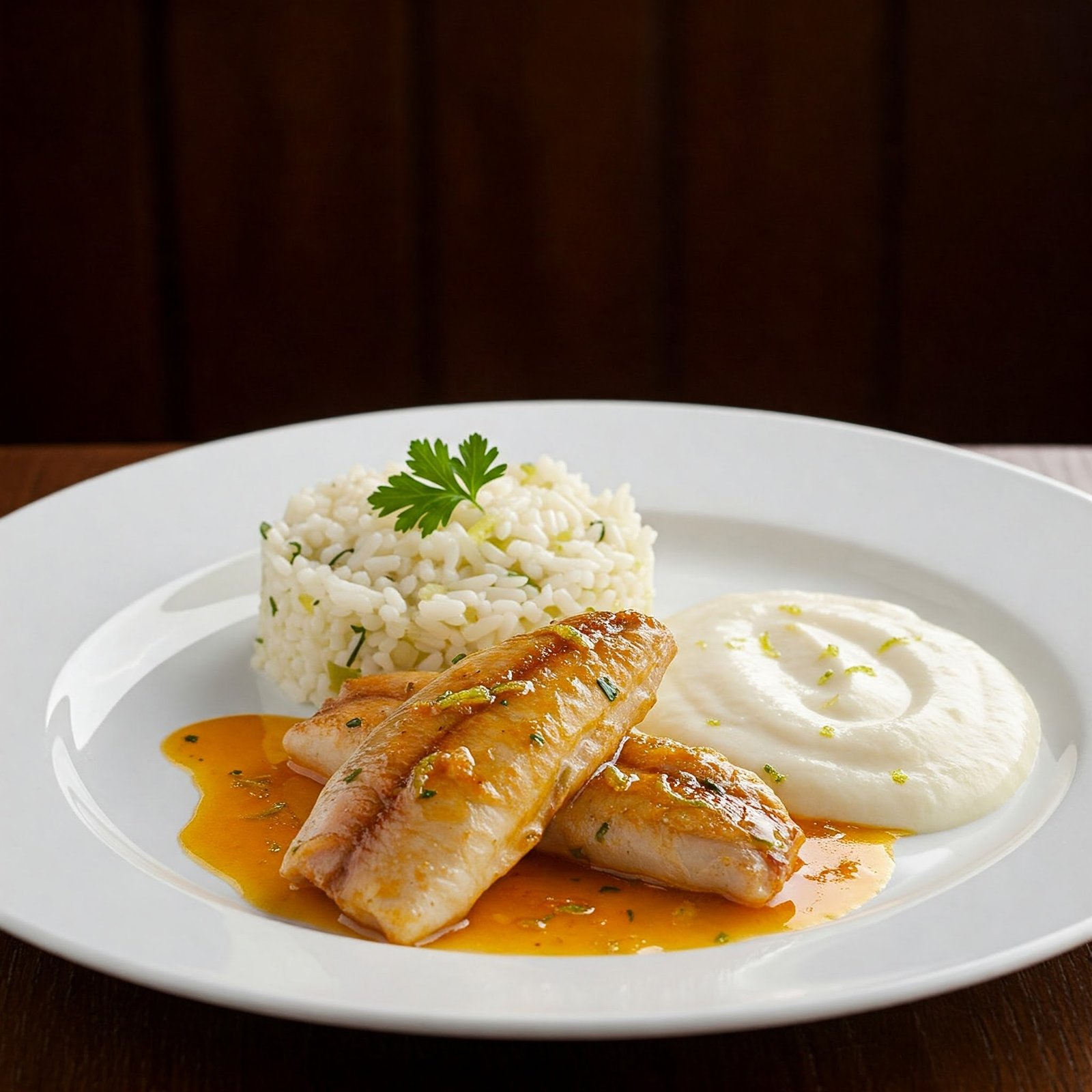 Lubina a la Bilbaína con Arroz al Limón y Puré Parmentier con Tartufata